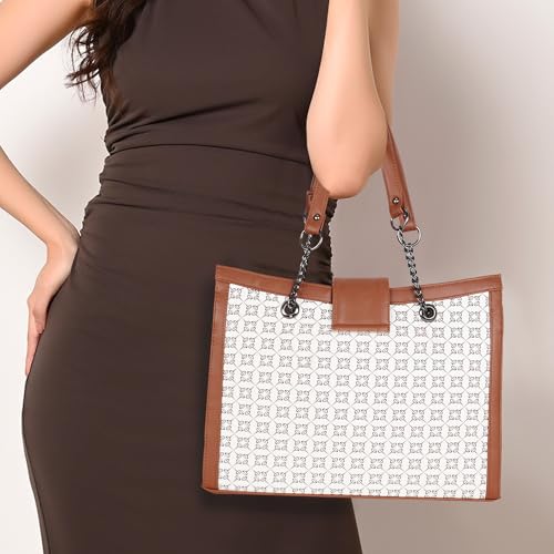 DANIEL CLARK Designer Handbag with Pattern Print, Brown Leather Trim, Chain Straps, Convertible Tote Shoulder Bag (White) - Image 3