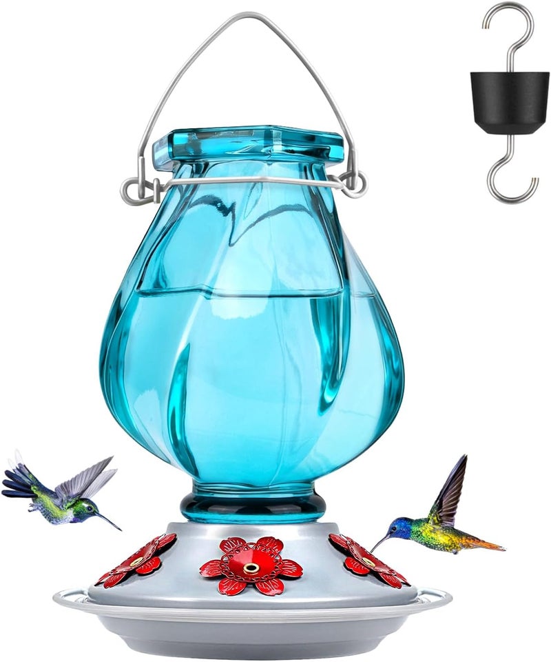 BOLITE Hummingbird Feeder, Glass Hummingbird Feeders for Outdoors Hanging, with Ant Moat and Five Feeding Ports, 22 Ounces, Leak Proof, Blue Bottle - Image 1