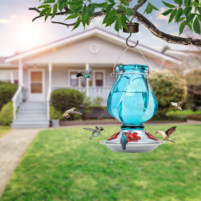 BOLITE Hummingbird Feeder, Glass Hummingbird Feeders for Outdoors Hanging, with Ant Moat and Five Feeding Ports, 22 Ounces, Leak Proof, Blue Bottle - Image 2