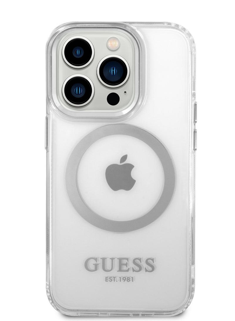 GUESS iPhone 14 Pro Case MagSafe Compatibility Transparent Outline Back Cover / Bumper and Scratch Protection / Slim Profile / Easy Snap-On - Silver - Image 1