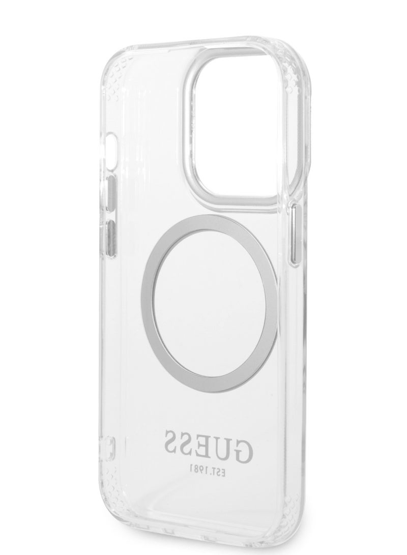 GUESS iPhone 14 Pro Case MagSafe Compatibility Transparent Outline Back Cover / Bumper and Scratch Protection / Slim Profile / Easy Snap-On - Silver - Image 5