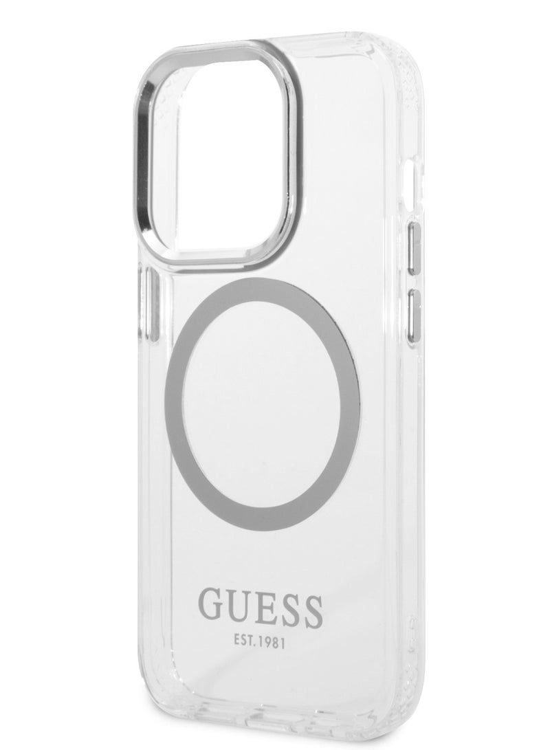 GUESS iPhone 14 Pro Case MagSafe Compatibility Transparent Outline Back Cover / Bumper and Scratch Protection / Slim Profile / Easy Snap-On - Silver - Image 4