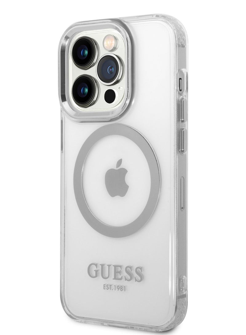 GUESS iPhone 14 Pro Case MagSafe Compatibility Transparent Outline Back Cover / Bumper and Scratch Protection / Slim Profile / Easy Snap-On - Silver - Image 2