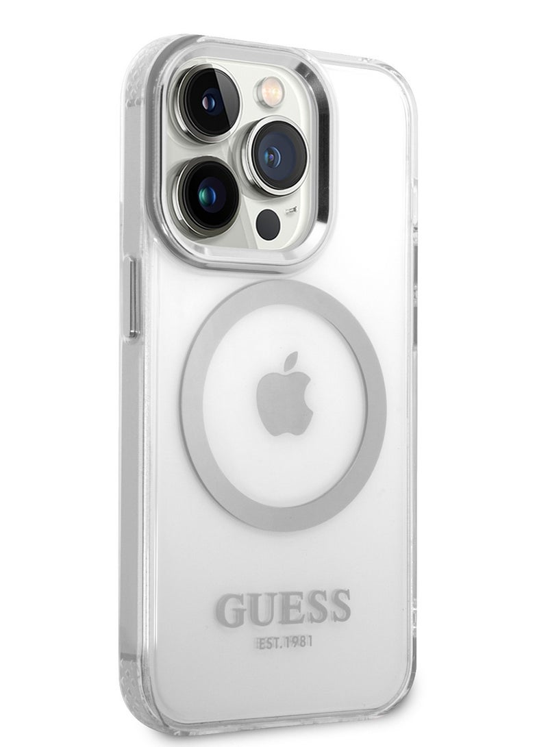 GUESS iPhone 14 Pro Case MagSafe Compatibility Transparent Outline Back Cover / Bumper and Scratch Protection / Slim Profile / Easy Snap-On - Silver - Image 3