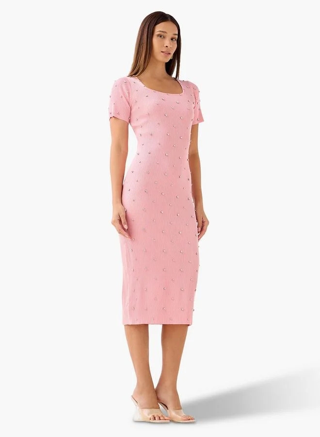تواكستريمز 2Xtremz Stone Embellished Midi Knit Dress with Square Neck