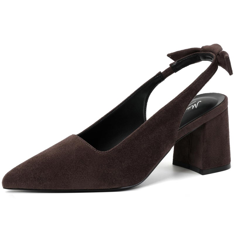 Mostrin Dark Brown Block Slingback Heels for Women Suede Pointed Closed Toe Chunky Heels Bow Women's Pumps for Office Work Business Casual - Image 1