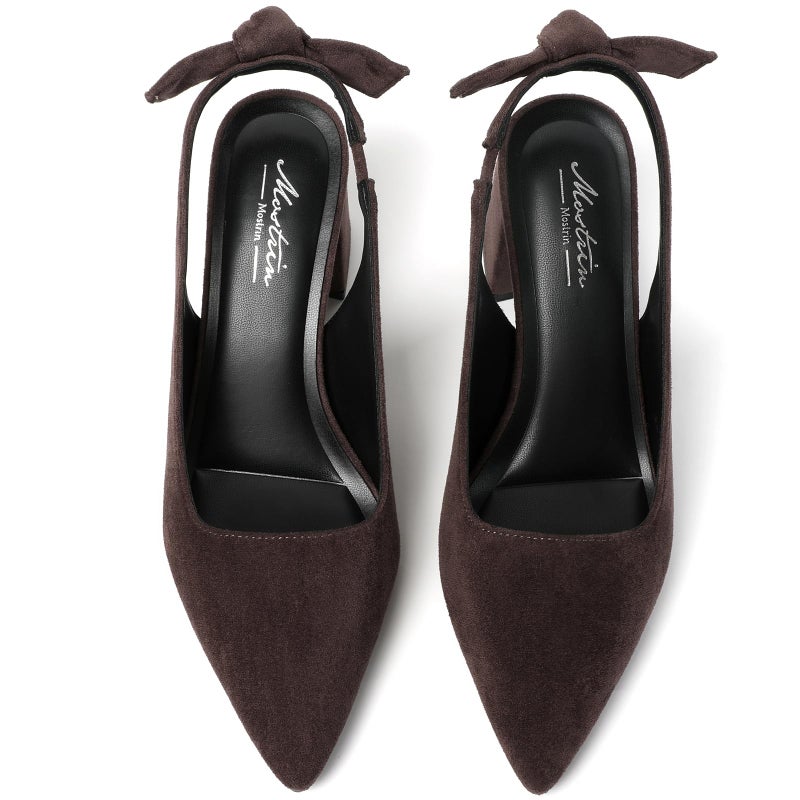 Mostrin Dark Brown Block Slingback Heels for Women Suede Pointed Closed Toe Chunky Heels Bow Women's Pumps for Office Work Business Casual - Image 4
