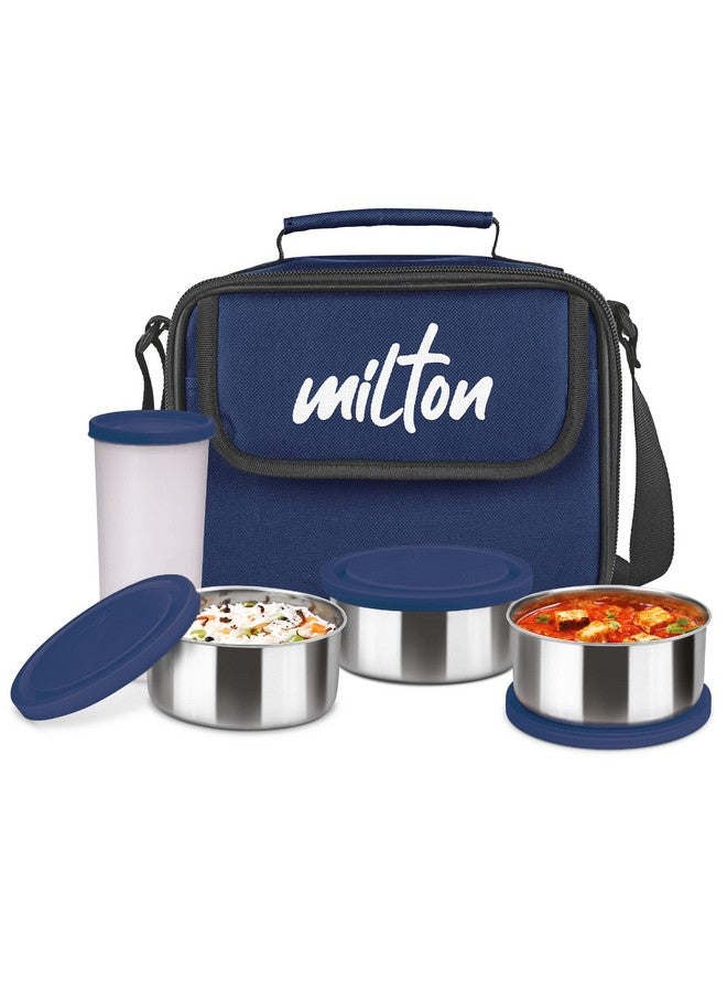 Milton MILTON New Steel Combi Lunch Box with Insulated Fabric Jacket, 3 Stainless Steel Containers 280 ml Each & 1 Plastic Tumbler with lid 400 ml, Leak-Proof Tiffin for Office, College, Picnic, Blue  - Image 1
