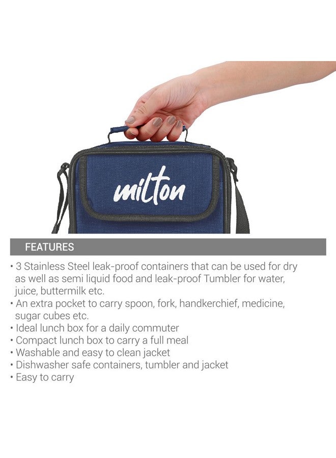 Milton MILTON New Steel Combi Lunch Box with Insulated Fabric Jacket, 3 Stainless Steel Containers 280 ml Each & 1 Plastic Tumbler with lid 400 ml, Leak-Proof Tiffin for Office, College, Picnic, Blue  - Image 5