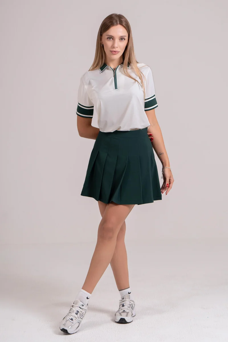 EGL EGL Women's Golf Polo T-Shirt - Cream with Green Stripes on Sleeves - Athletic Fit
