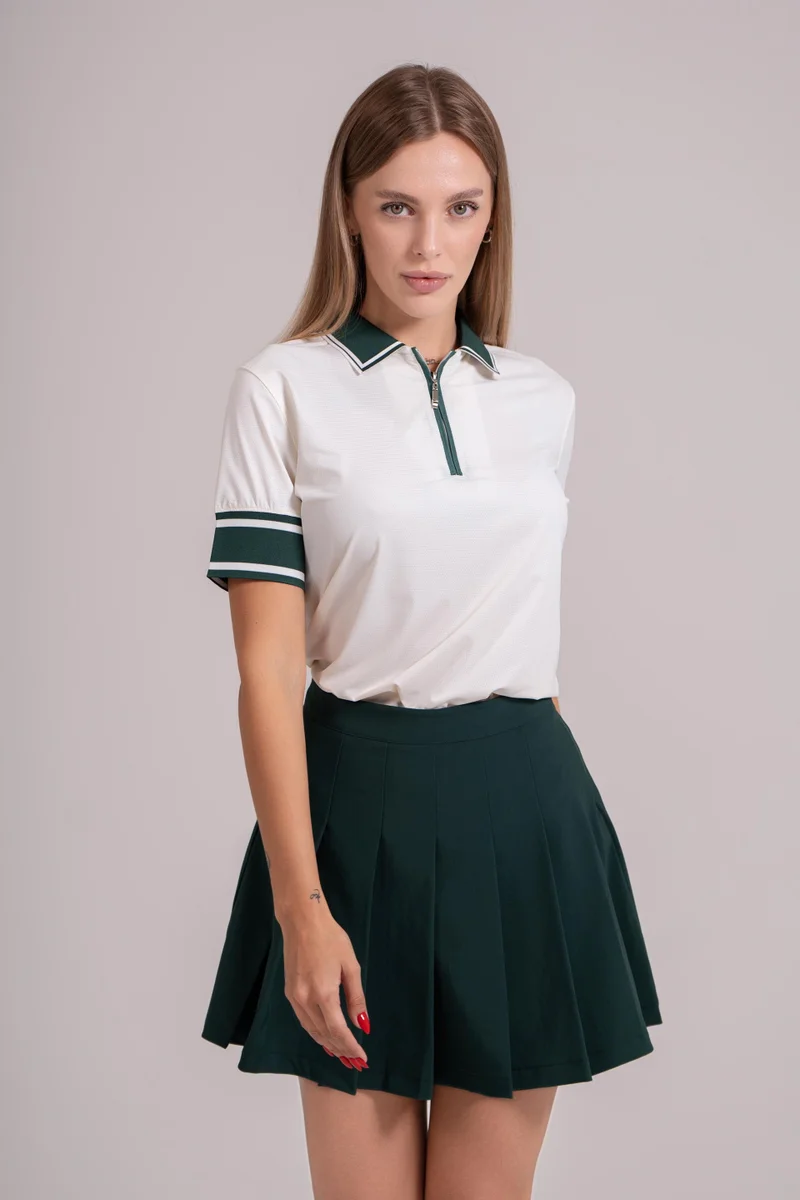 إي جي إل EGL Women's Golf Polo T-Shirt - Cream with Green Stripes on Sleeves - Athletic Fit