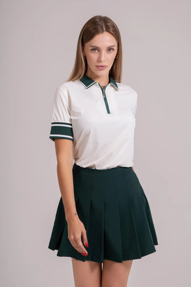 EGL Women's Golf Polo T-Shirt - Cream with Green Stripes