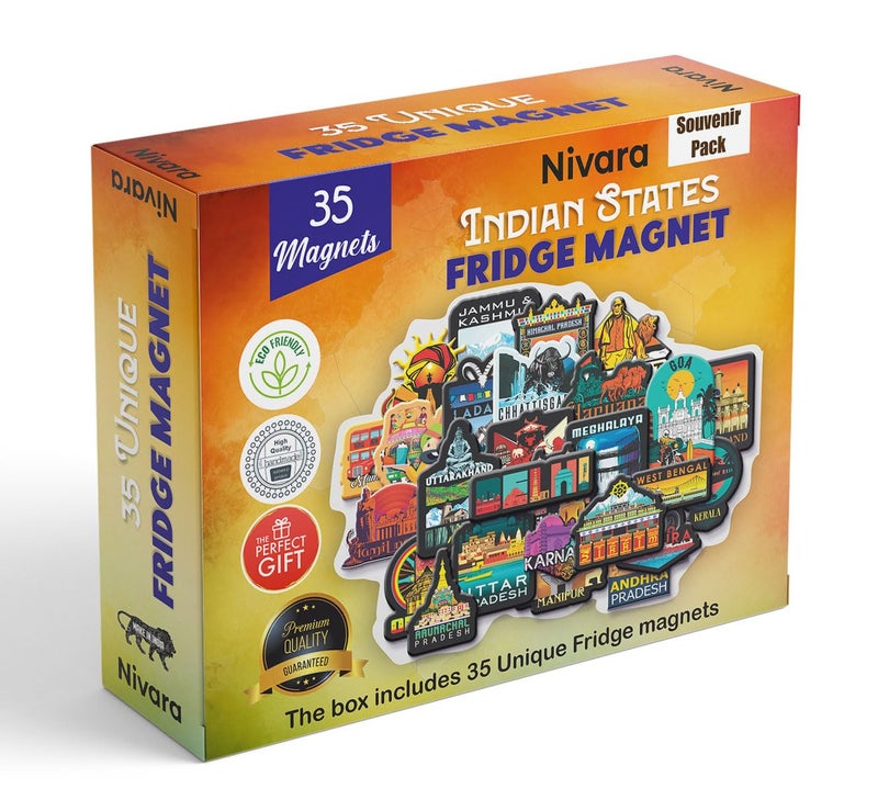 NIVARA NIVARA Fridge Magnet for Refrigerator 35 Design of Indian State Souvenir Wooden MDF Gift Classic Collection Set of 35 