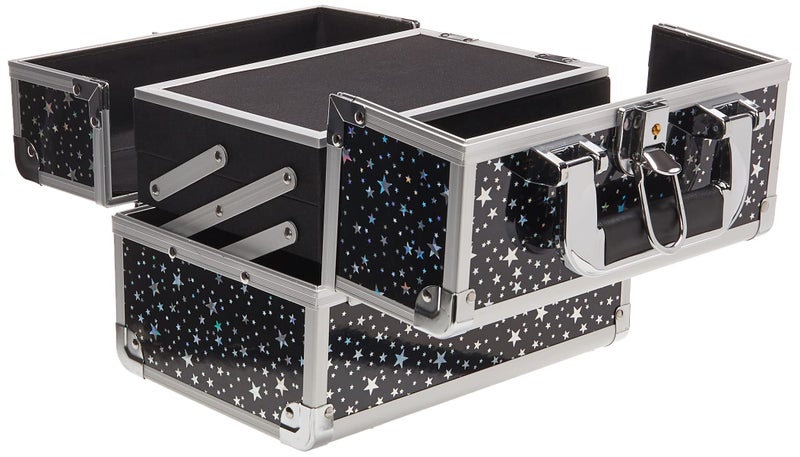 Joligrace Makeup Train Case Portable Cosmetic Box 2 Trays with Mirror Lockable for Makeup Nail Tech and Beauticians Traveling Makeup Storage Organizer - Black Star - Image 4