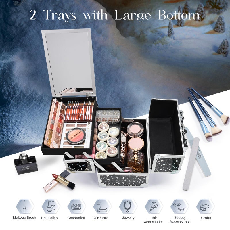 Joligrace Makeup Train Case Portable Cosmetic Box 2 Trays with Mirror Lockable for Makeup Nail Tech and Beauticians Traveling Makeup Storage Organizer - Black Star - Image 3