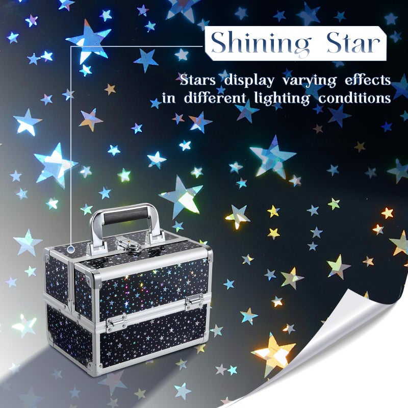Joligrace Makeup Train Case Portable Cosmetic Box 2 Trays with Mirror Lockable for Makeup Nail Tech and Beauticians Traveling Makeup Storage Organizer - Black Star - Image 2