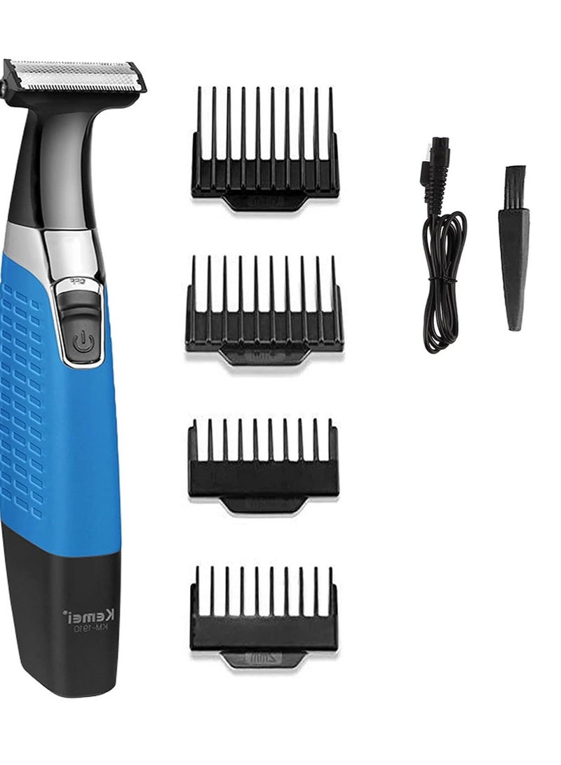 Kemei KM-1910 Professional Waterproof USB Rechargeable Body And Beard Trimmer And Hair Remover For Eyebrows, Facial Hair For Men And Women, Blue Color (Saudi Version) - Image 1