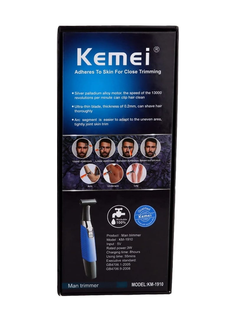 Kemei KM-1910 Professional Waterproof USB Rechargeable Body And Beard Trimmer And Hair Remover For Eyebrows, Facial Hair For Men And Women, Blue Color (Saudi Version) - Image 3