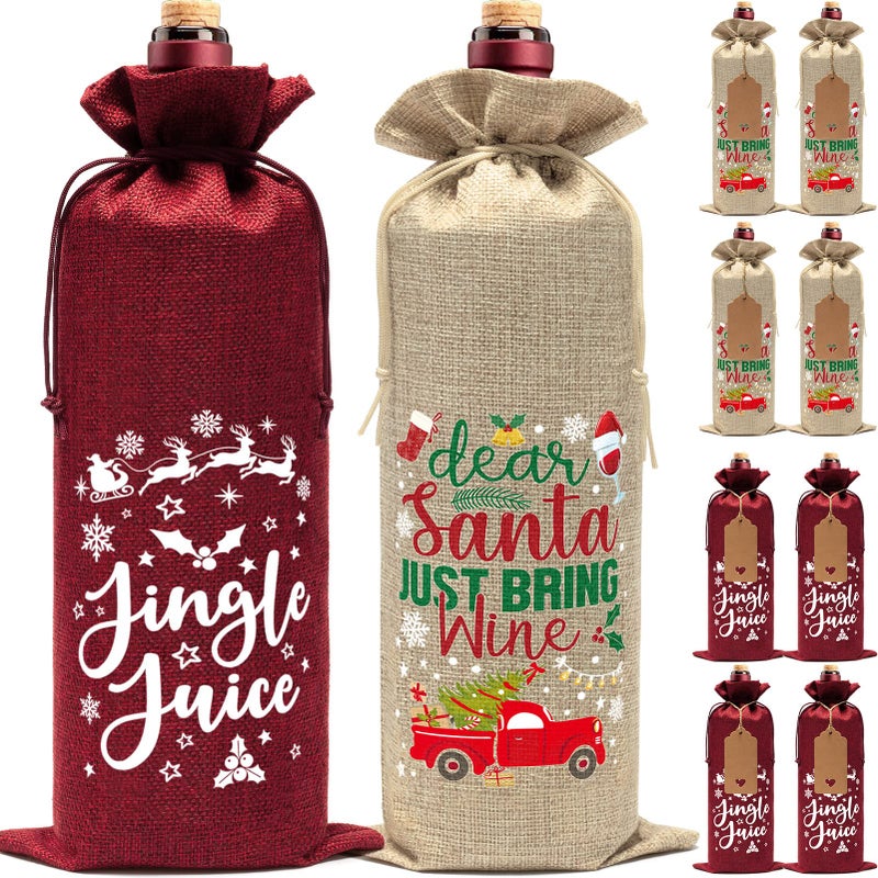 Aoonby حقائب نبيذ من جوت أونبي لعيد الميلاد 10 قطع مع حبل وسمة قابلة لإعادة الاستخدام لتغطية زجاجات النبيذ لعيد الميلاد والزفاف بعيد الميلاد وحفلات العطلات وتخزين المنزل