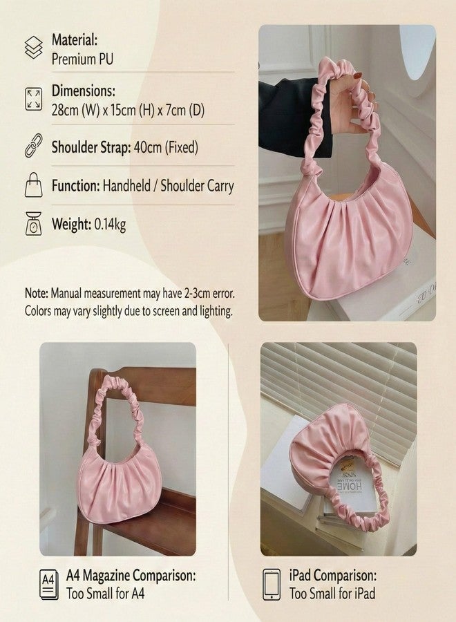 Kraptick Women’s Ruched Cloud Bag - Trendy Korean Style Pleated Hobo Handbag | Soft PU Leather Dumpling Shoulder Bag for Girls & Ladies | Chic Aesthetic Purse for Party & Casual Wear (Light Pink) - Image 4