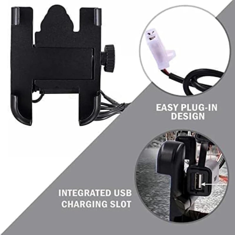 Like Star حامل معدني ® (C1 مع شاحن USB لحامل دراجة معدني جسم دوار 360 درجة لحامل المقود للدراجة، الدراجة النارية، يناسب جميع الهواتف الذكية باللون الأسود) - Image 2