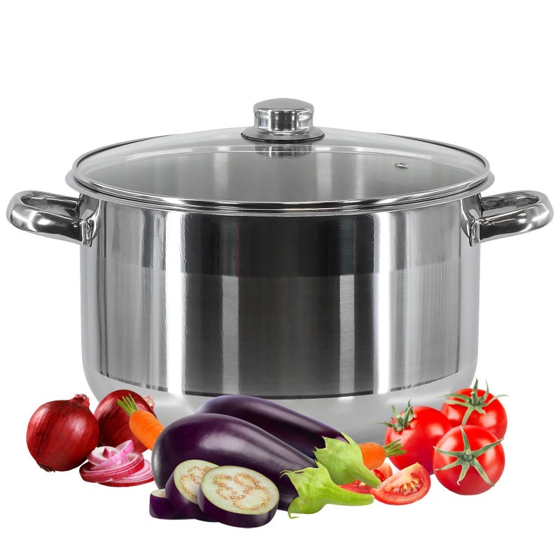 GEEZY Stainless Steel Casserole Stockpot with Glass Lid  Large Deep Induction Base Cooking Pot for Gas Electric Ceramic  Halogen Stoves 32 x 22 cm 175 LTR