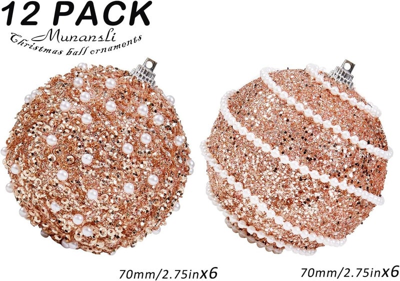 Munansli Rose Gold Christmas Ball Ornaments, Christmas Ball Decorations Shatterproof Plastic Hanging Pearl Balls for Holiday Party(70mm/2.76", 12ct) - Image 4