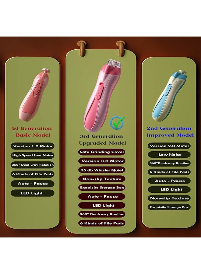 Baby Nail File Electric, Gentle Trimmer Electric, Rechargable, with LED light, 7 Replacement Pads (Pink)