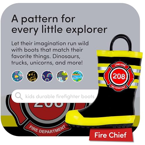 LONECONE Lone Cone Rain Boots with Easy-On Handles in Fun Patterns for Boys and Girls, Play-Proof Flexible Rubber, Durable Non-Slip Treads, Kid-Friendly for Hours of Joy - Fire Chief, 9 Toddler - Image 4