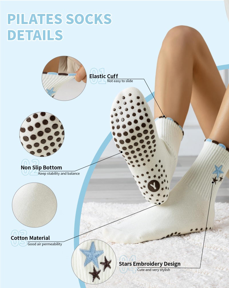 Yawlsow Pilates Grip Socks for Women Yoga Grippy Socks Cute Barre Non Skid Athletic Crew Sticky Sock Workout Hospital (US, Alpha, One Size, Regular, Regular, 1 Pack-Off White-Three Stars) - Image 5