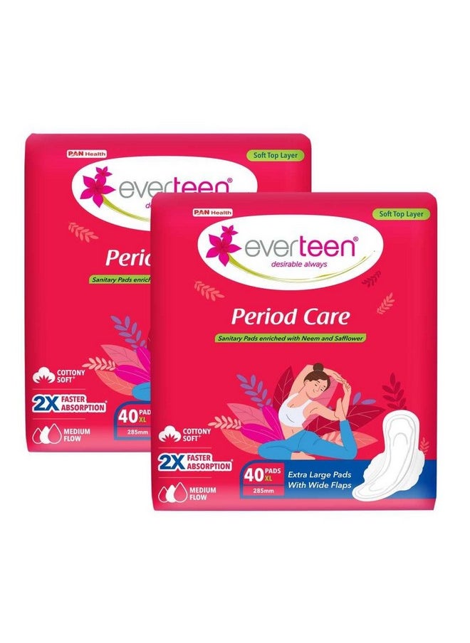 everteen Period Care Xl Soft 40 Sanitary Pads Enriched With Neem And Safflower For Medium Flow - 2 Packs (40 Pads Each) 
