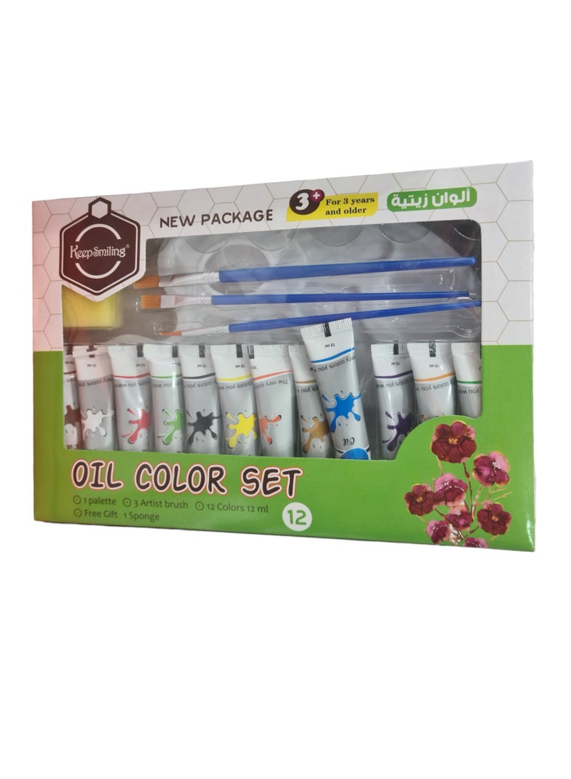كيب سمايلينج مجموعة ألوان زيتية 12 قطعة متعددة الألوان مع 3 باليت فرش واسفنجة - Image 1