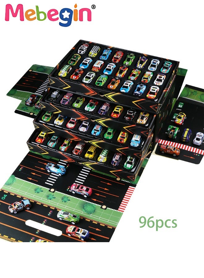 ميبيجين 96 قطعة من مجموعة ألعاب السيارات القابلة للسحب، مجموعة سيارات سباق مصغرة مصبوبة بالقالب، مجموعة مركبات ملونة مع خريطة وصندوق تخزين، سيارات سباق لعبة قابلة للدفع والتحريك، سهلة الحمل والتنظيم، هدايا مثالية للأطفال من عمر 3 سنوات فما فوق - Image 3