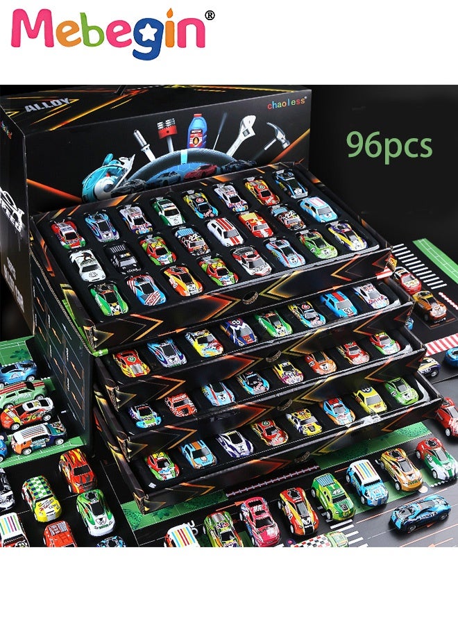 ميبيجين 96 قطعة من مجموعة ألعاب السيارات القابلة للسحب، مجموعة سيارات سباق مصغرة مصبوبة بالقالب، مجموعة مركبات ملونة مع خريطة وصندوق تخزين، سيارات سباق لعبة قابلة للدفع والتحريك، سهلة الحمل والتنظيم، هدايا مثالية للأطفال من عمر 3 سنوات فما فوق - Image 4