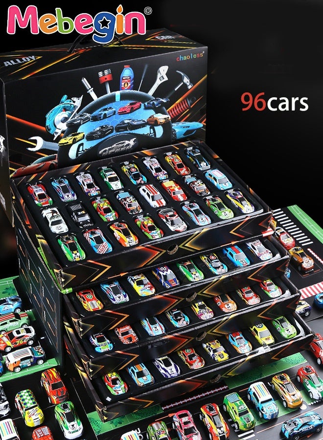 ميبيجين 96 قطعة من مجموعة ألعاب السيارات القابلة للسحب، مجموعة سيارات سباق مصغرة مصبوبة بالقالب، مجموعة مركبات ملونة مع خريطة وصندوق تخزين، سيارات سباق لعبة قابلة للدفع والتحريك، سهلة الحمل والتنظيم، هدايا مثالية للأطفال من عمر 3 سنوات فما فوق - Image 1