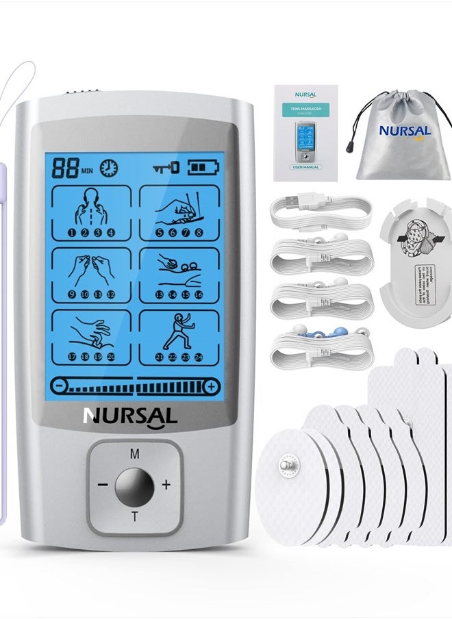 NURSAL 24 Modes TENS Unit Muscle Stimulator with Continuous Stimulation, Rechargeable Electronic Pulse Massager with 8 Pads for Back and Shoulder Pain Relief and Muscle Strength  - Image 1