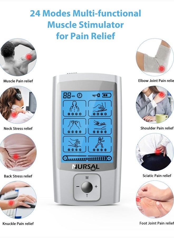 NURSAL 24 Modes TENS Unit Muscle Stimulator with Continuous Stimulation, Rechargeable Electronic Pulse Massager with 8 Pads for Back and Shoulder Pain Relief and Muscle Strength  - Image 2
