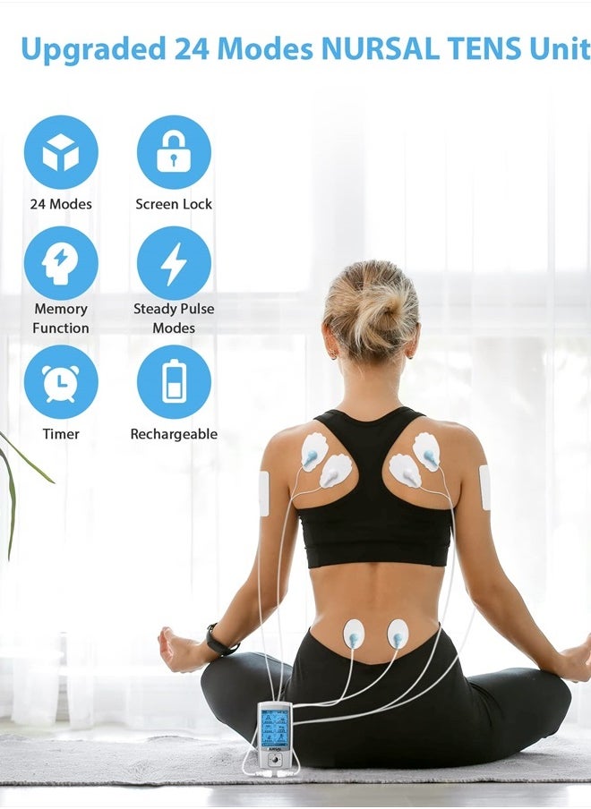 NURSAL 24 Modes TENS Unit Muscle Stimulator with Continuous Stimulation, Rechargeable Electronic Pulse Massager with 8 Pads for Back and Shoulder Pain Relief and Muscle Strength  - Image 4
