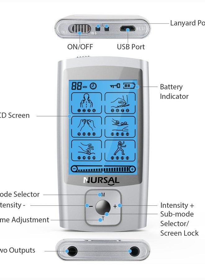 NURSAL 24 Modes TENS Unit Muscle Stimulator with Continuous Stimulation, Rechargeable Electronic Pulse Massager with 8 Pads for Back and Shoulder Pain Relief and Muscle Strength  - Image 5