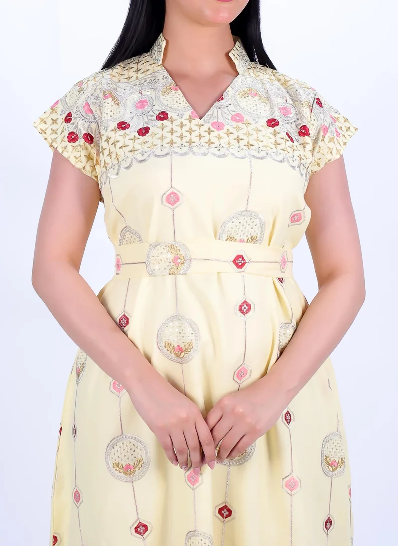 ان لاف Elegant dress made of lightweight fabric in multiple colors with golden and red embroidery.
