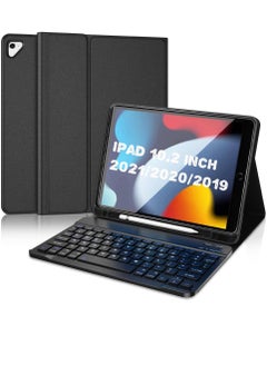 Keyboard Case For iPad 10.2” 9th/8th/7th Generation With Pencil Holder Detachable Wireless Bluetooth Keyboard, Folio Stand Cover For iPad 10.2 inch (2021/2020/2019) Black