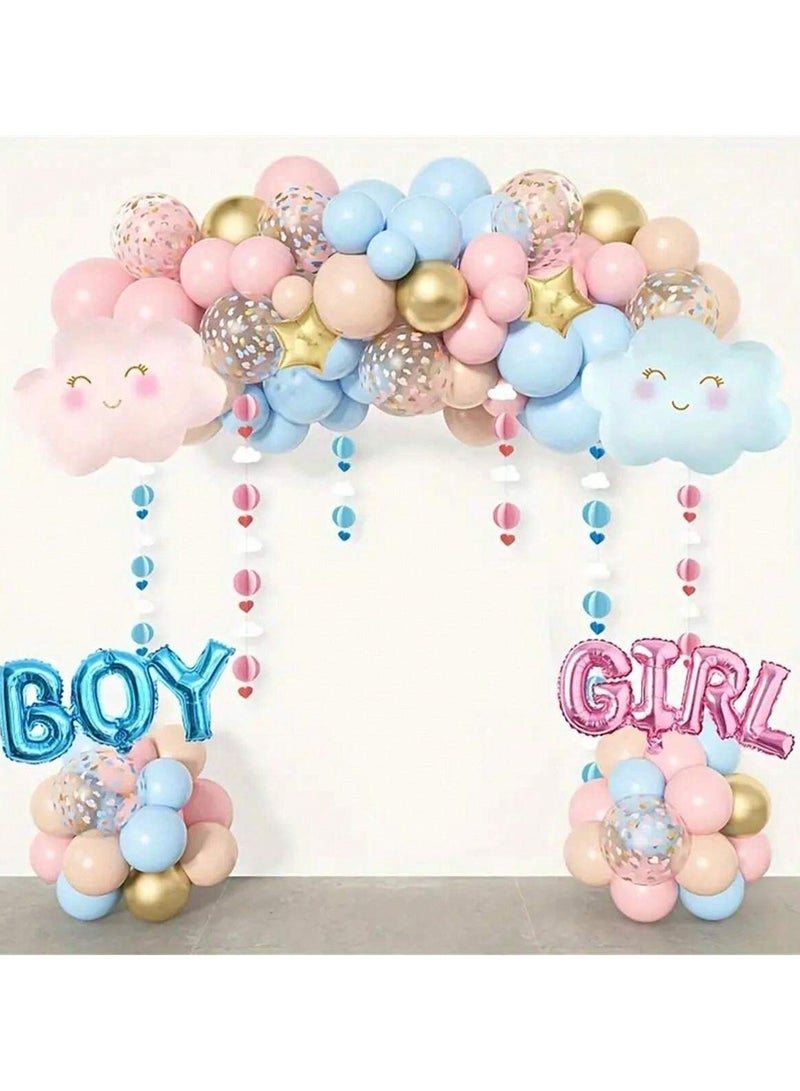 Gender Reveal Party Decoration Balloons – Set of 59 Pieces Includes pink and blue balloons, confetti balloons, "Girl" and "Boy" letter balloons, along with star and cloud shapes. Perfect for gender reveal celebrations. - Image 1