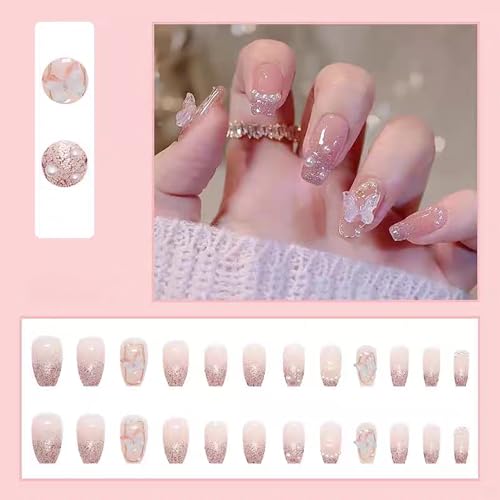YUISI Press On Nails for Women Fake Nails 24 Pcs Nail Extension kit Translucent Pink Color With 3D Butterfly And Pearl Design（Comes With a Wearable Tool Kit） - Image 4