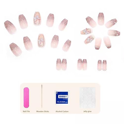 YUISI Press On Nails for Women Fake Nails 24 Pcs Nail Extension kit Translucent Pink Color With 3D Butterfly And Pearl Design（Comes With a Wearable Tool Kit） - Image 5