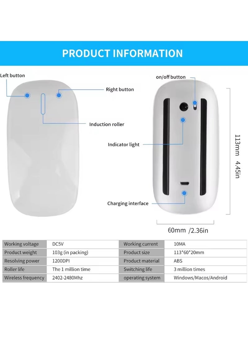 Mouse 3 Wirelessand Rechargeable,Mouse Multi-Touch, Bluetooth Connectivity,Quiet Travel Computer Mouse lWhite