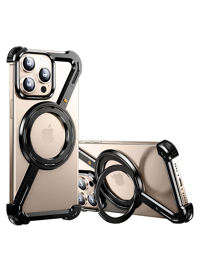 (لـ iPhone 16 Pro Max) غلاف دوران 360°، حامل من الألمنيوم والمعدن، بدون إطار، غلاف واقي بمستوى صدمة أسود - Image 1