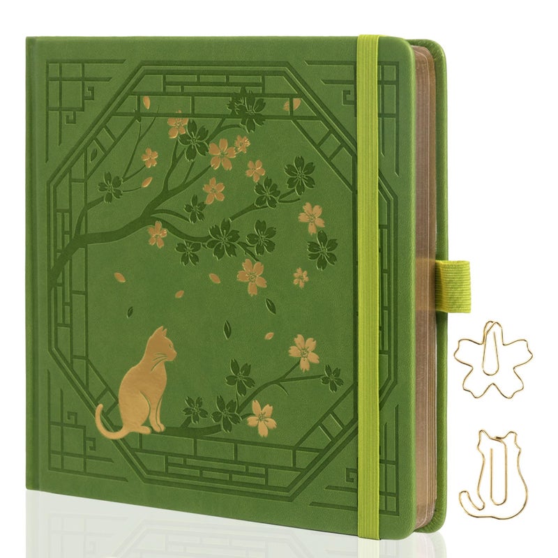 TIEFOSSI Square Dotted Journal, Cute Cat Journal for Women Girls, Dot Notebook with Pretty Sakura Pattern, Aesthetic Diary for Writing Journaling Drawing, Golden Edges, 8 x 8 IN - Image 1