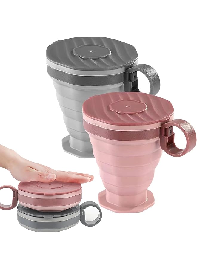 PROMASS Pack Of 2 Foldable Silicone Cups, Reusable Portable Cup Set, Foldable Travel Cups With Plastic Sealing Lid, Space Saving Reusable Retractable Cups Suitable For Camping And Hiking - Image 1
