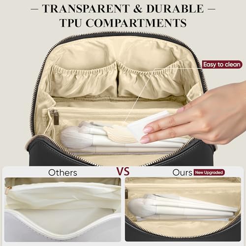 MSTONAL Travel Makeup Bag, Large Capacity Cosmetic Bags for Women, Waterproof Portable Pouch Open Flat Make up Organizer Bag with Dividers and Handle, Toiletry Bag for Essentials, Medium Size, Black - Image 4
