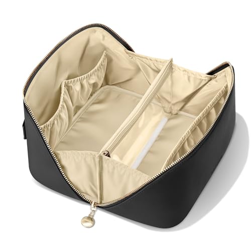 MSTONAL Travel Makeup Bag, Large Capacity Cosmetic Bags for Women, Waterproof Portable Pouch Open Flat Make up Organizer Bag with Dividers and Handle, Toiletry Bag for Essentials, Medium Size, Black - Image 1